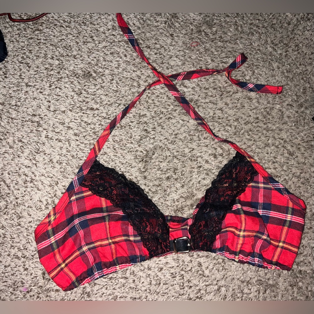 Red Plaid Halter Bralette with Lace Trim